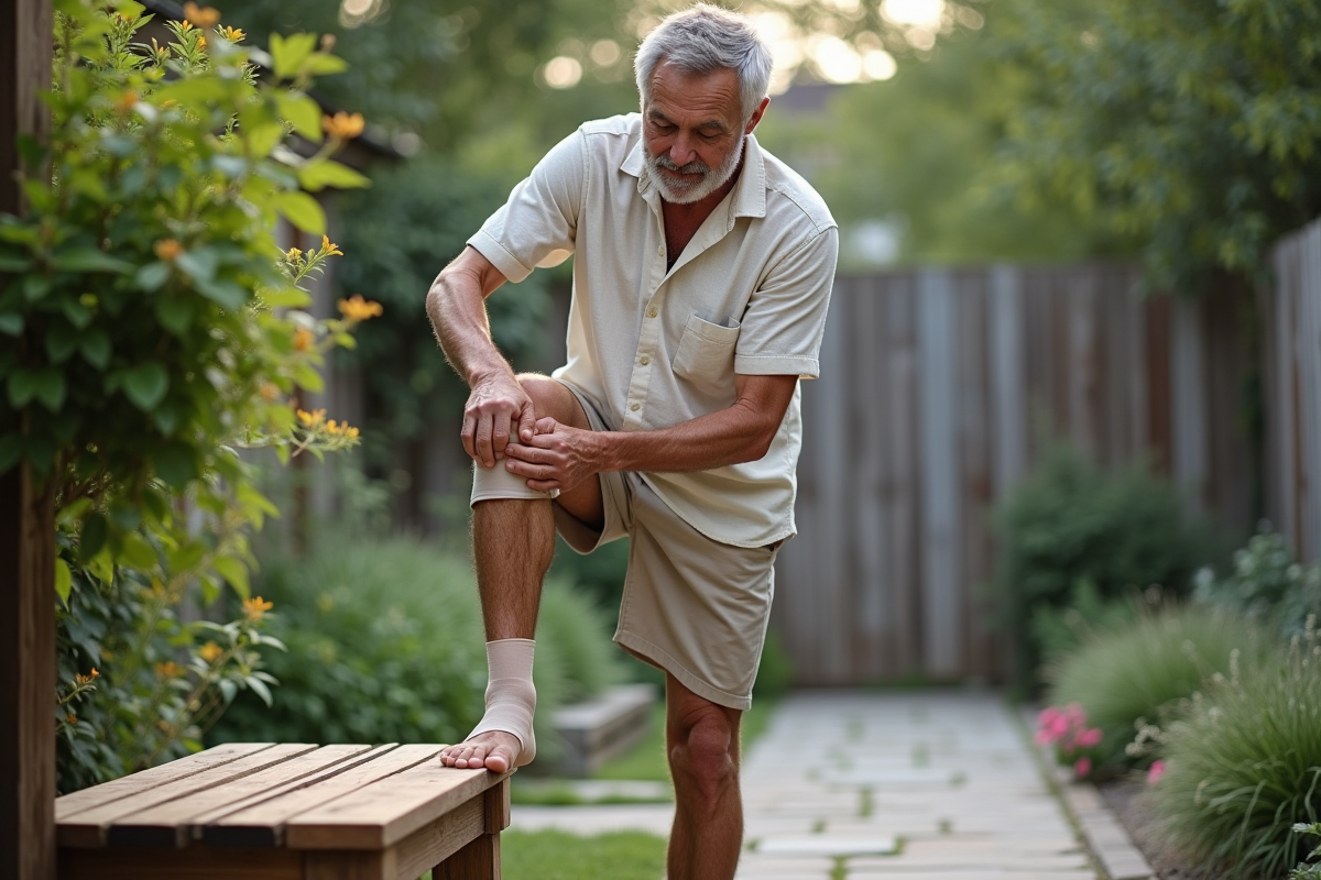 Homme en plein soin de sa jambe dans un jardin tranquille