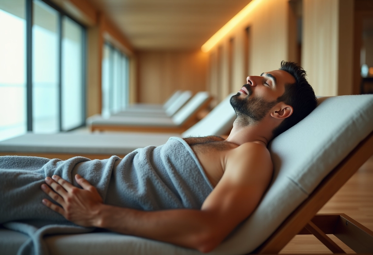 Homme en peignoir dans un spa intérieur calme et moderne