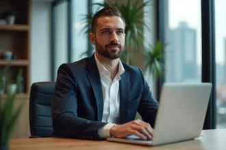 Homme en costume dans un bureau moderne avec vue urbaine