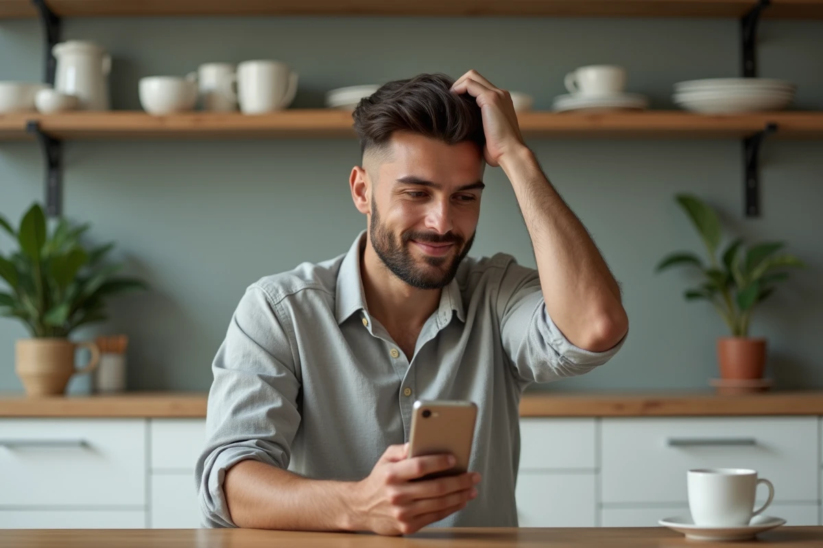 Homme testant une nouvelle coupe de cheveux en selfie dans sa cuisine avec son smartphone
