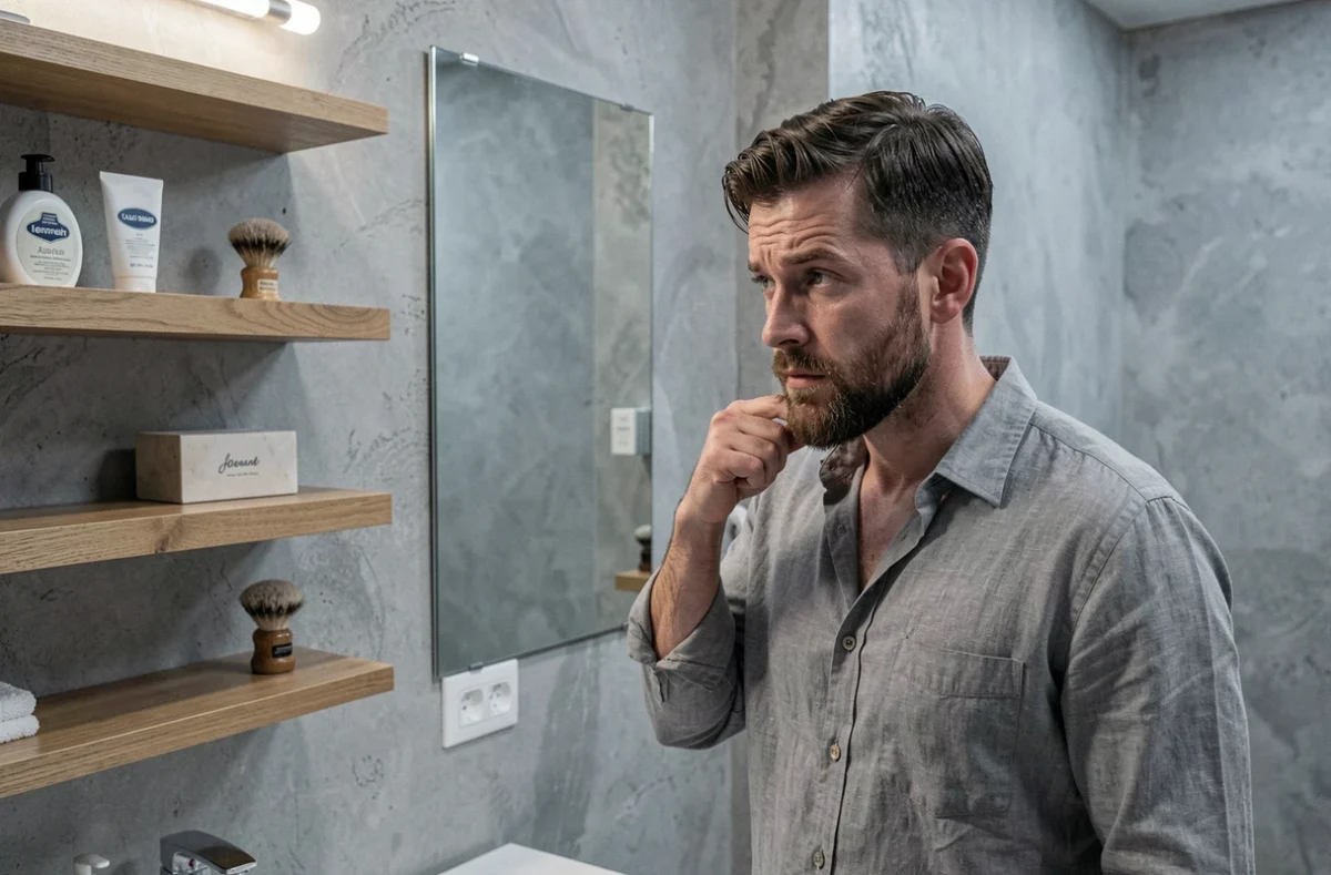 Homme examinant son bouc menton fraîchement rasé dans un miroir grossissant, avec des produits de rasage posés sur une étagère en bois