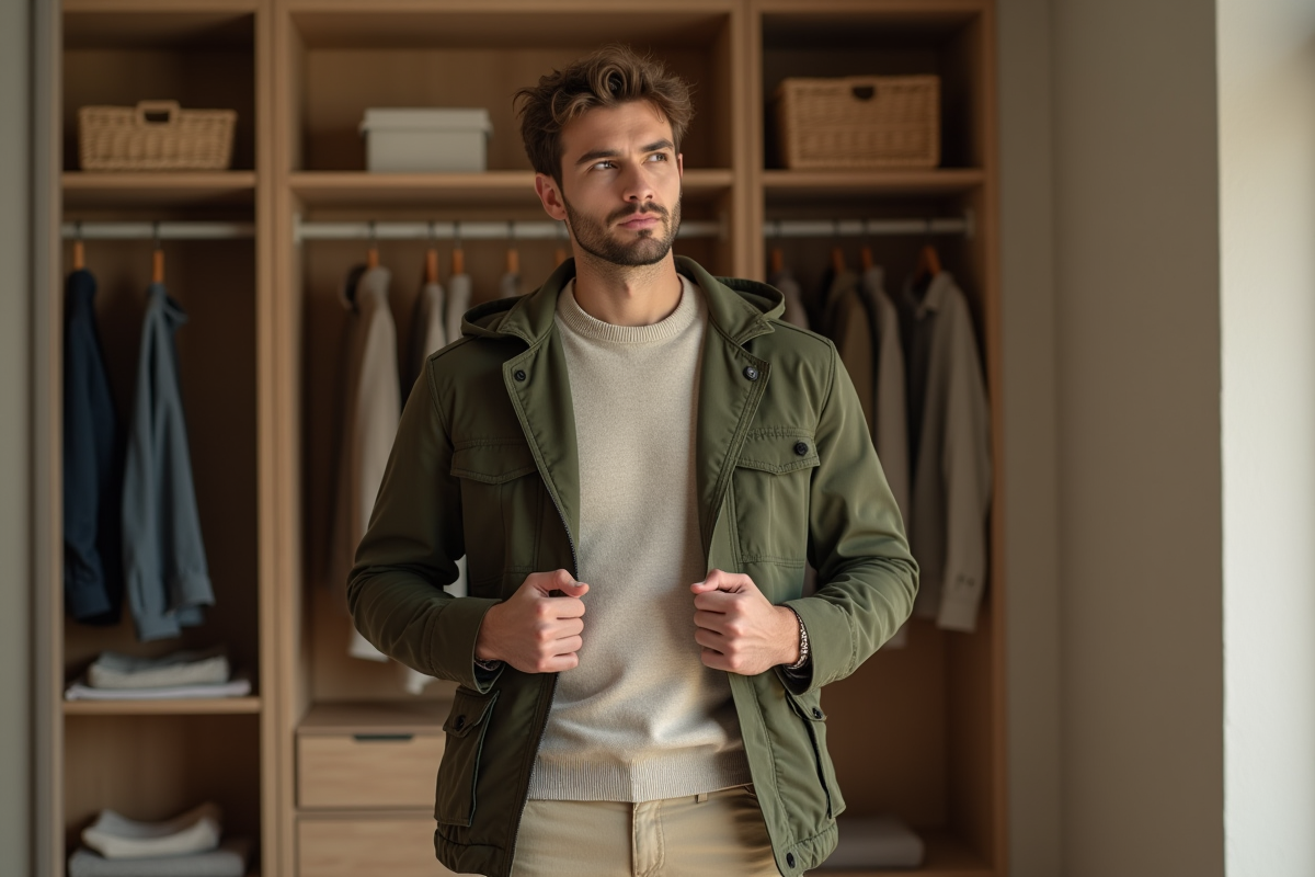 Homme ajustant sa veste dans un dressing organisé