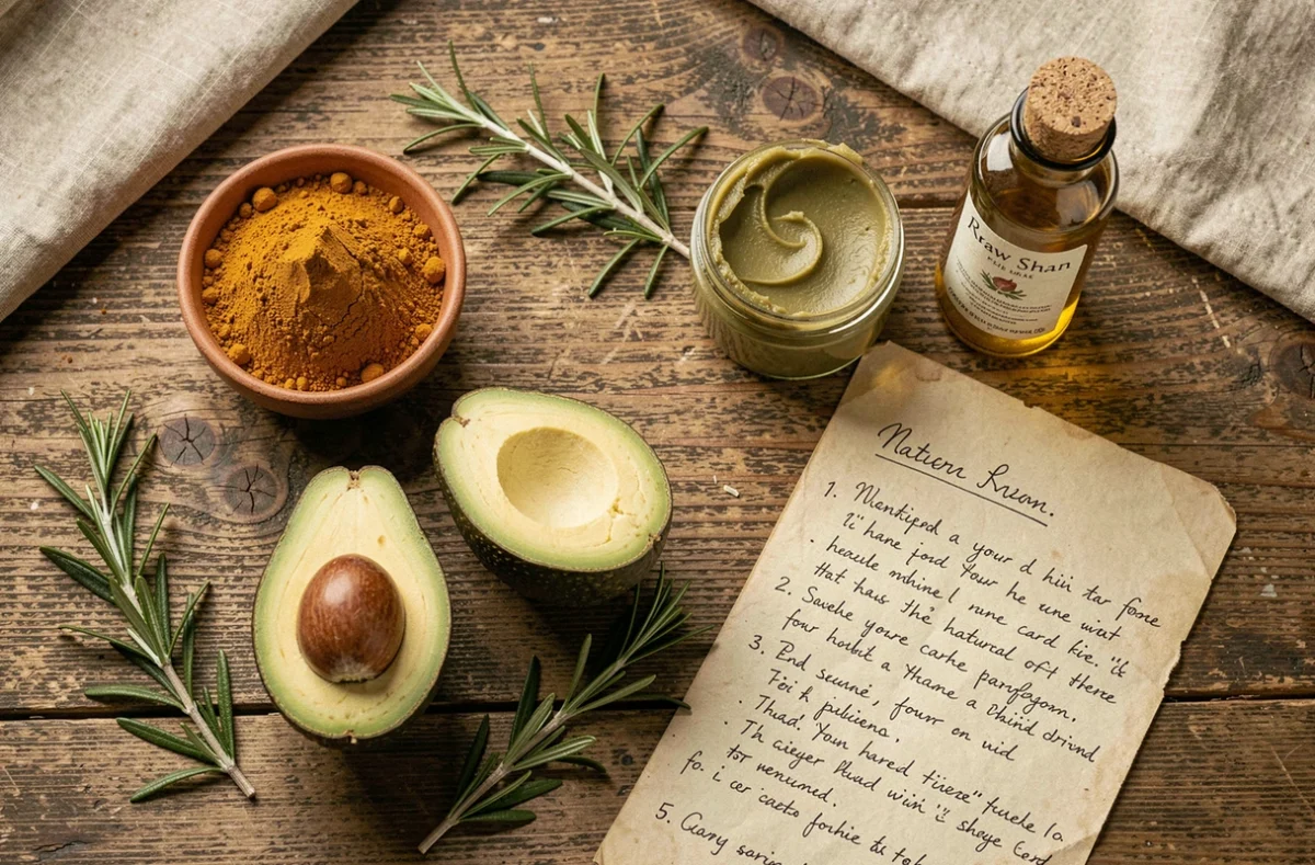 Ingrédients naturels disposés en flat lay pour préparer une recette maison de coloration et soin des cheveux blancs