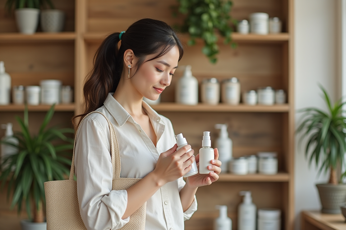 Jeune femme examine un produit de soin bio dans une boutique naturelle