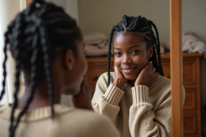 Jeune femme noire ajuste une perruque à braids devant un miroir