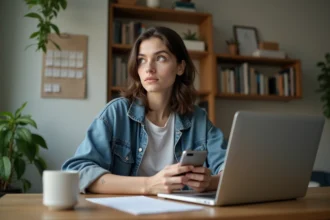 Jeune femme utilisant un ordinateur dans un appartement cosy