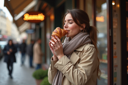 Jeune femme inhalant un croissant devant une boulangerie parisienne