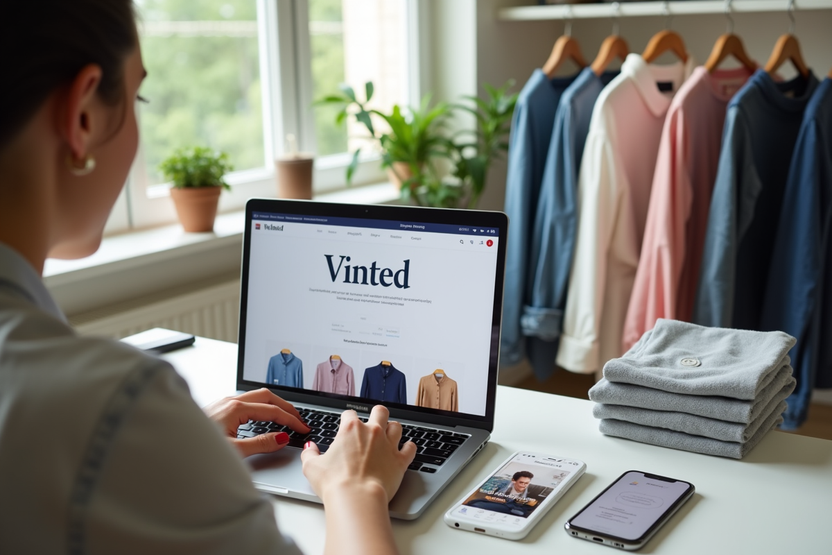Jeune femme utilisant un ordinateur avec Vinted à l'écran