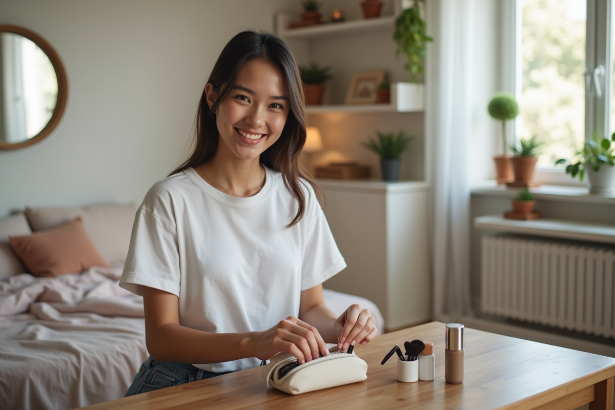 Jeune femme arrangeant maquillage dans une chambre lumineuse