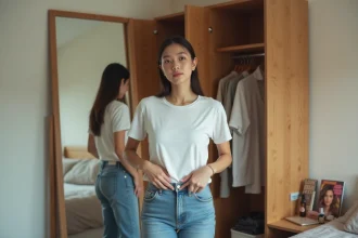 Jeune femme regardant son reflet dans le miroir dans une chambre moderne