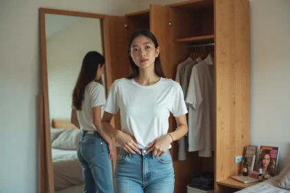 Jeune femme regardant son reflet dans le miroir dans une chambre moderne