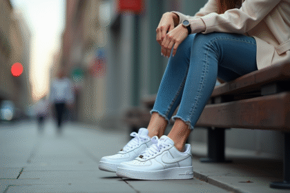 Jeune femme assise sur un banc en ville avec des Nike Air Force One