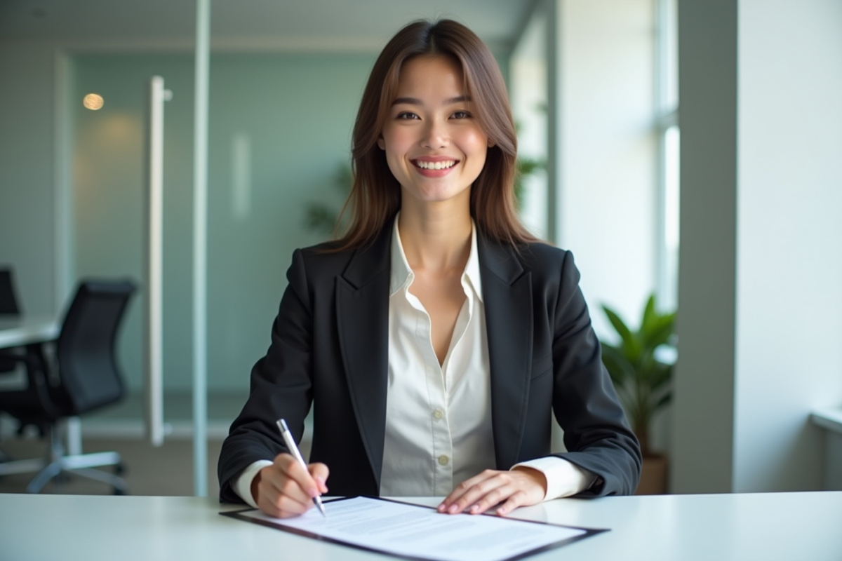 Jeune femme signant un contrat dans un bureau moderne