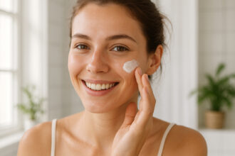 Jeune femme appliquant crème visage dans salle lumineuse