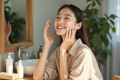 Jeune femme appliquant une creme visage dans un cadre naturel