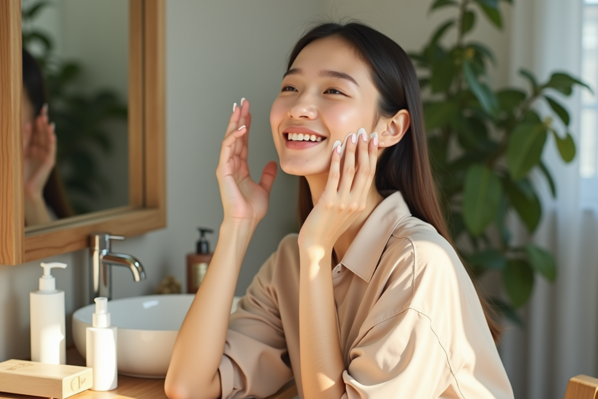 Jeune femme appliquant une creme visage dans un cadre naturel