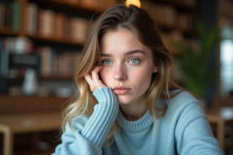 Jeune femme aux yeux verts dans un café cosy