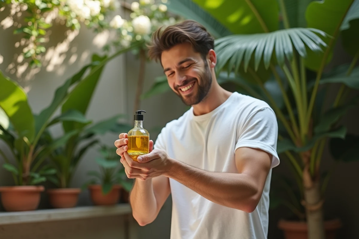 Jeune homme appliquant une huile au jasmin en extérieur