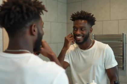 Jeune homme noir se brossant les côtés de sa coupe taper