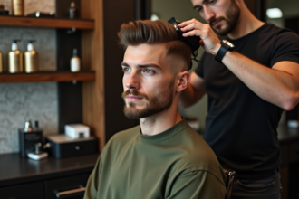 Jeune homme en coiffure fade dans un salon moderne