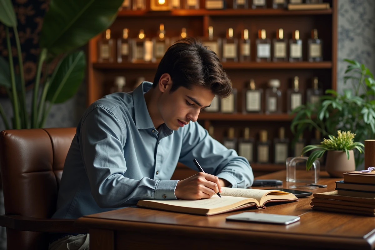 Jeune homme enregistrant ses notes de parfum dans un journal dans un bureau cosy