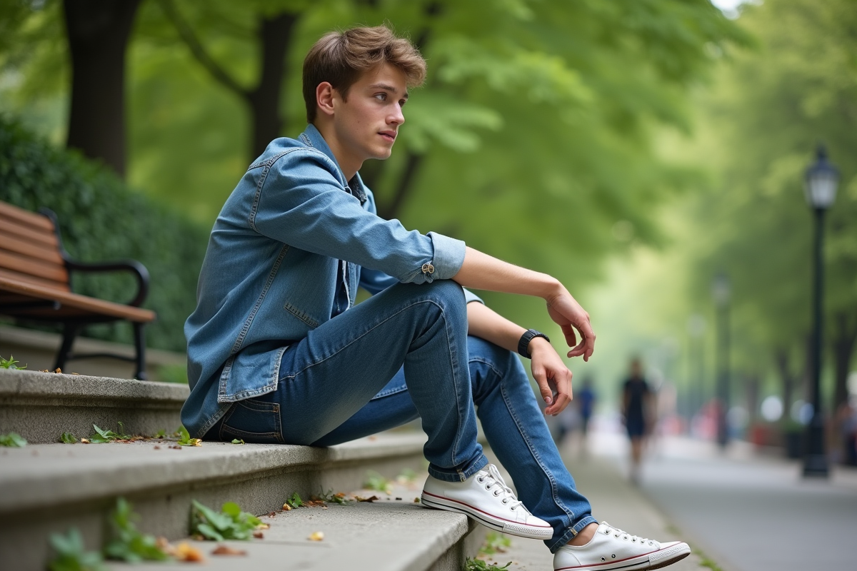 Jeune homme en jeans dans un parc verdoyant