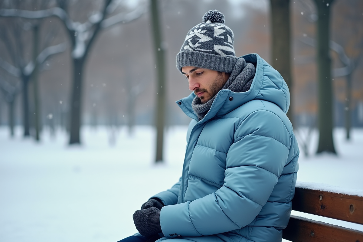 Jeune homme en manteau bleu dans un parc enneige