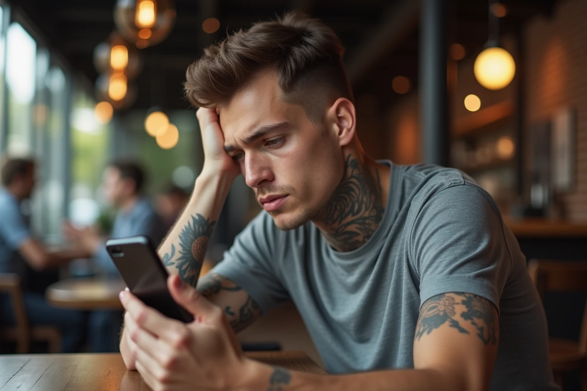 Jeune homme regardant son tatouage avec regret dans le reflet de son téléphone dans un café urbain