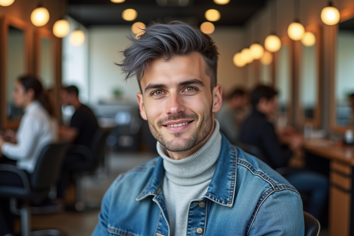 Jeune homme avec coiffure bleue dans un salon moderne