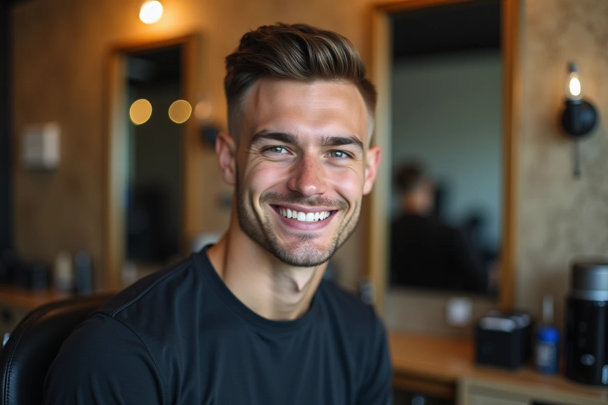 Jeune homme avec coupe fade dans un salon moderne