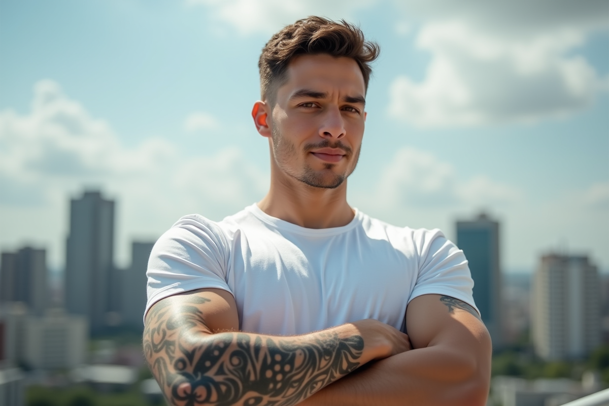 Jeune homme confiant avec tatouage tribal sur le bras