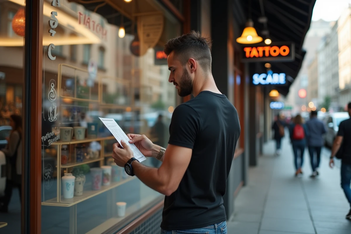 Jeune homme regardant un devis de tatouage devant un studio