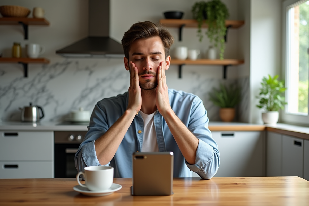 Jeune homme pratiquant un yoga facial à la cuisine