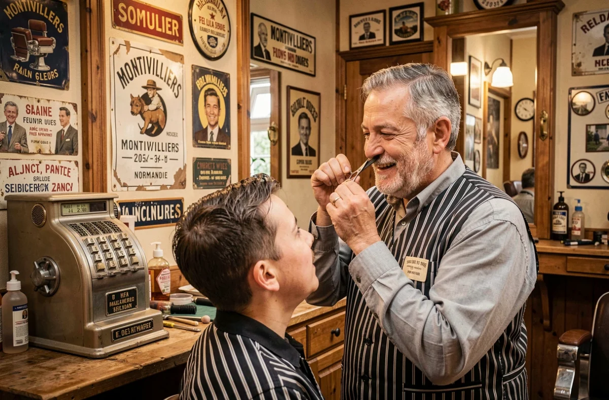 La Barbe de Papa à Montivilliers, barbier chaleureux aux allures rétro travaillant dans un salon décoré d'objets vintage normands