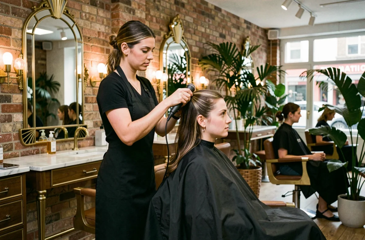 Coiffeuse réalisant un brushing dans le salon La Parisienne 2.0 à Évreux