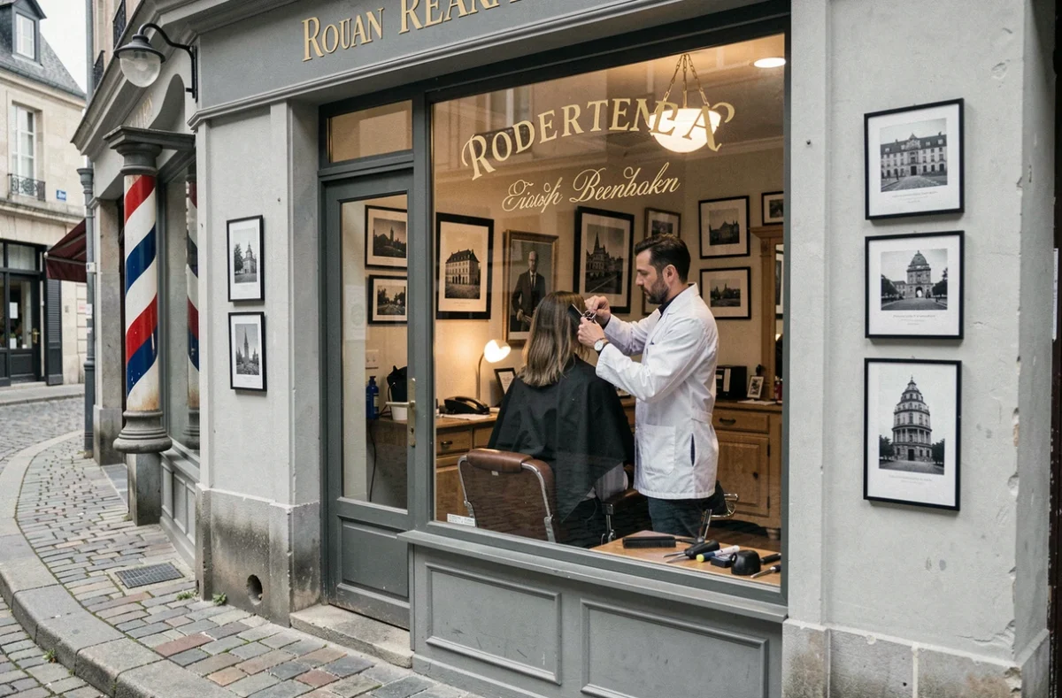 Le Barbier de Sa Ville à Rouen, vue de la façade avec enseigne dorée et intérieur classique avec barbier au travail
