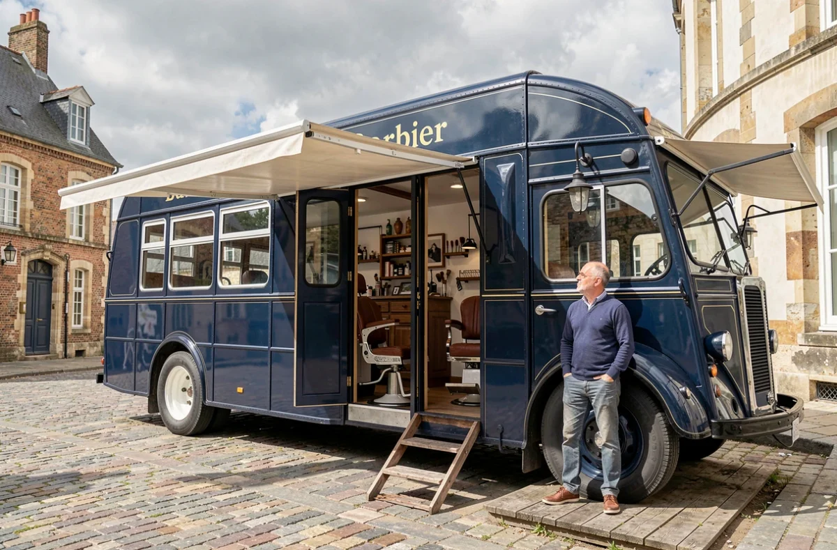 Le Bus du Barbier à Caen, salon de coiffure ambulant installé dans un bus vintage bleu marine garé en rue