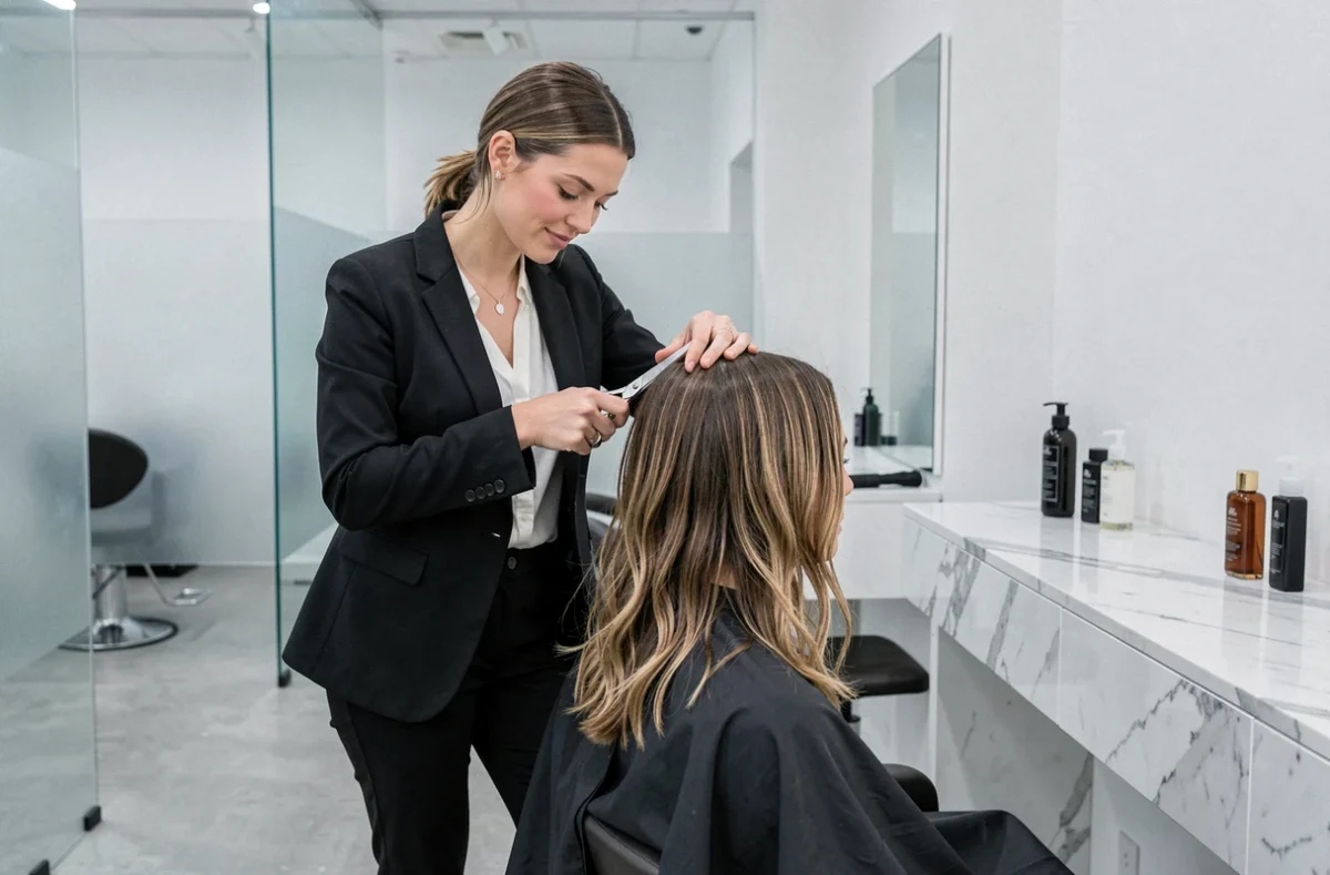 Coiffeuse réalisant une coupe contemporaine au salon Le Onze à Nancy