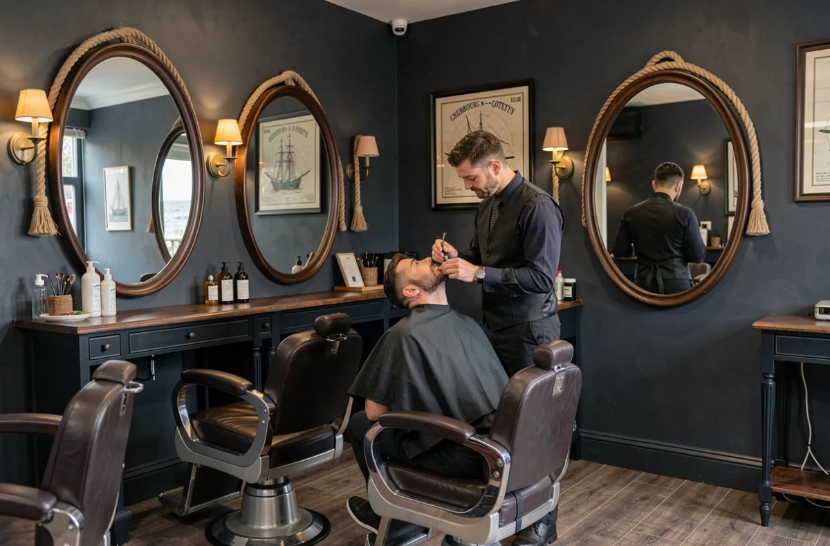 Les Loges à Cherbourg-en-Cotentin, barbershop haut de gamme au décor maritime raffiné avec barbier préparant un rasage traditionnel