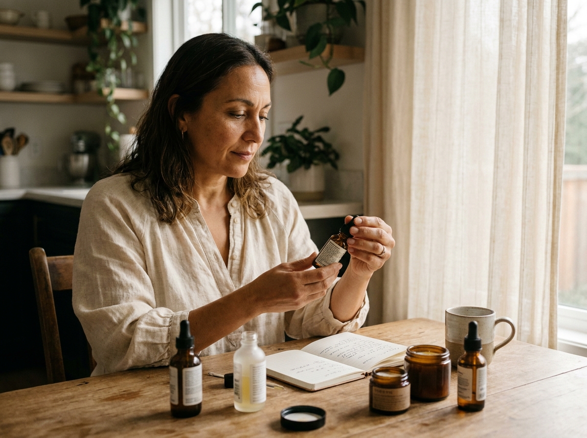 Femme lisant les étiquettes d'ingrédients de sérums visage pour choisir le produit adapté à sa peau