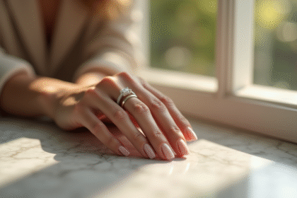 Main d'une femme tenant une bague de luxe et alliance