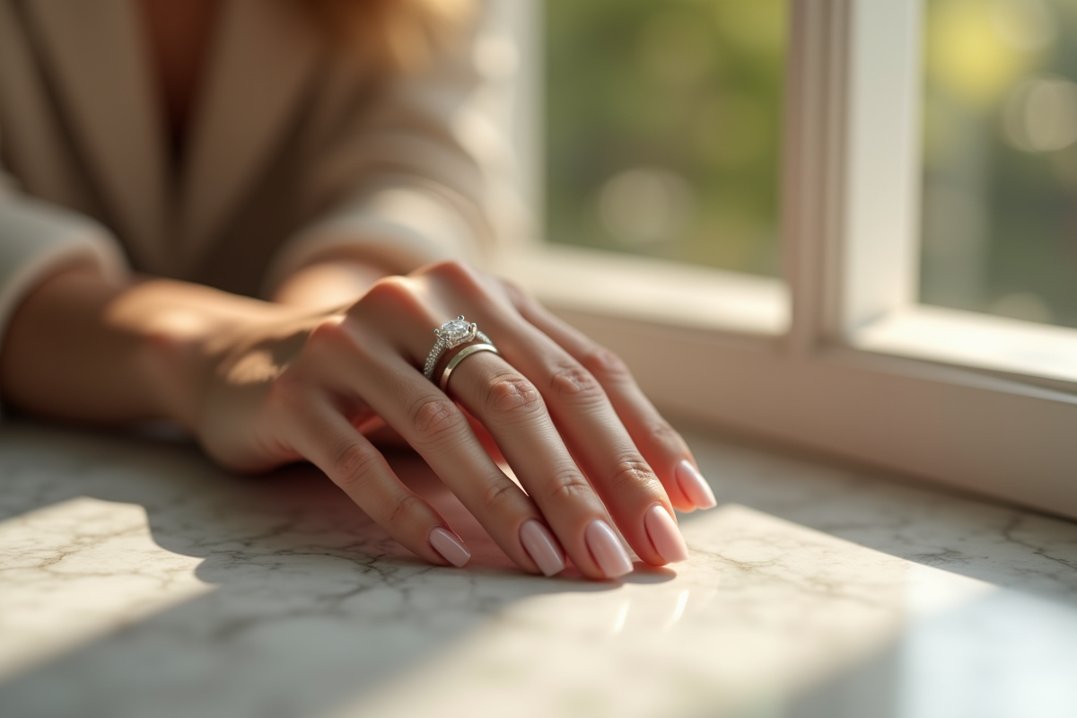 Main d'une femme tenant une bague de luxe et alliance