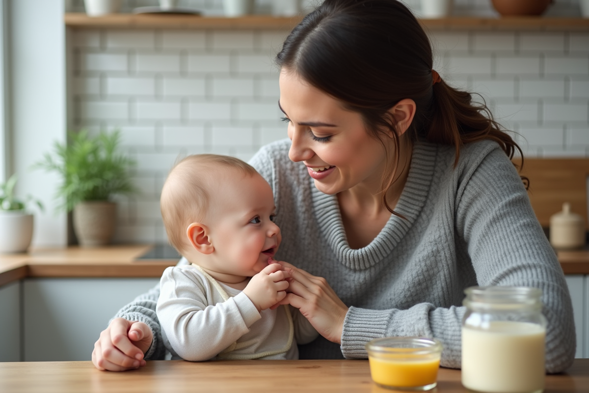 Jeune maman nourrissant son bébé dans la cuisine moderne