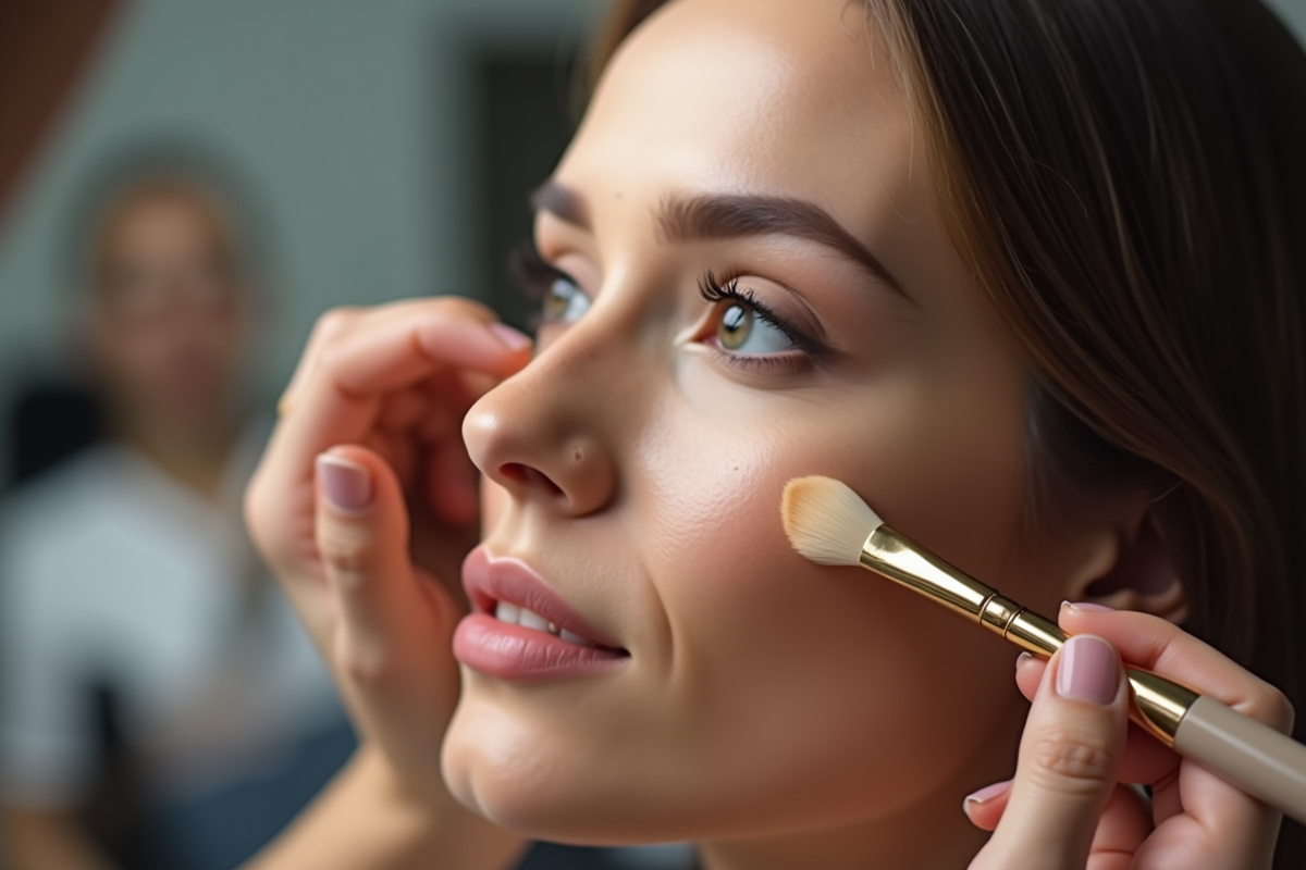 Maquilleuse fond de teint sur visage client
