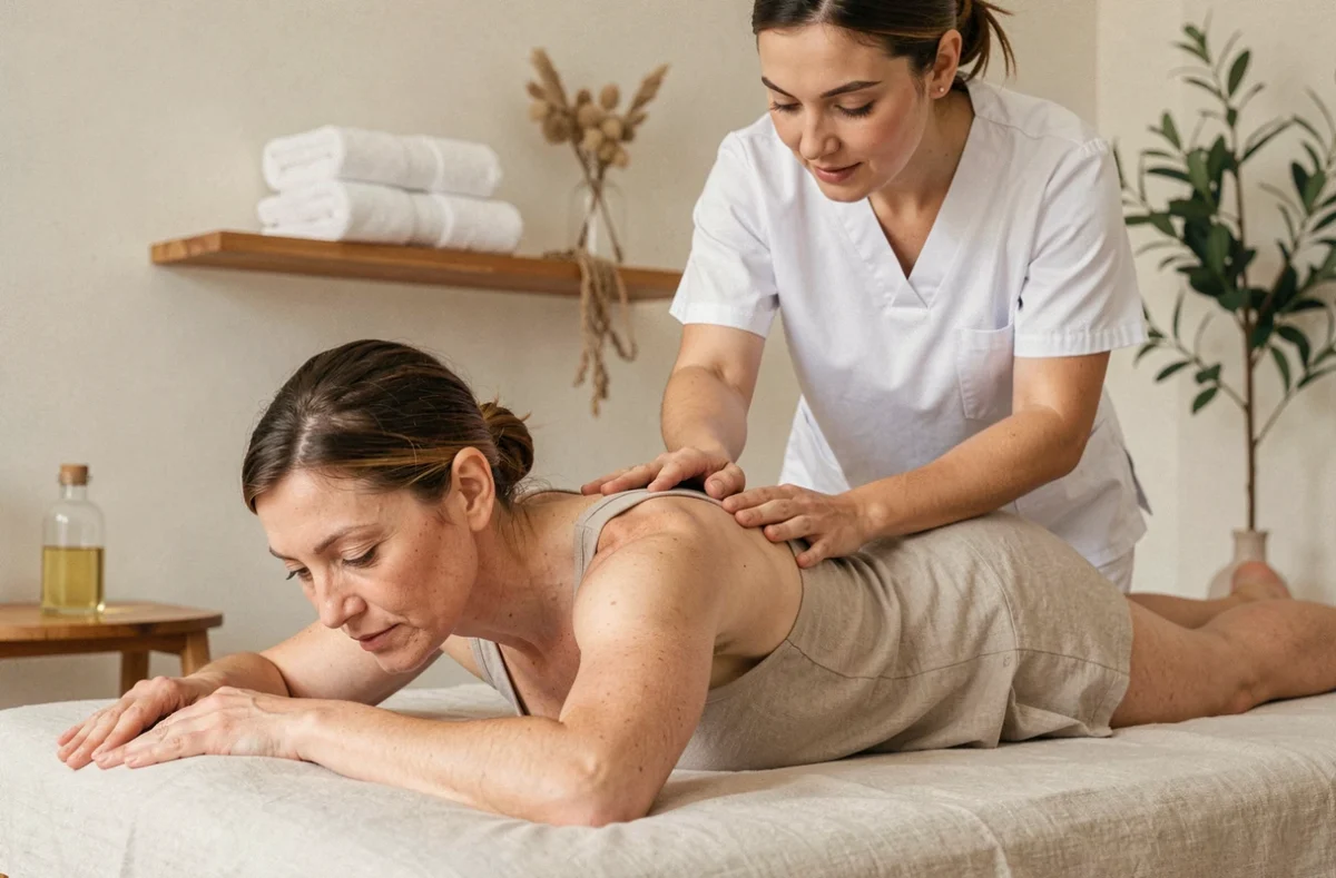 Massage anti-cellulite professionnel en institut de bien-être réalisé par une thérapeute sur une cliente détendue
