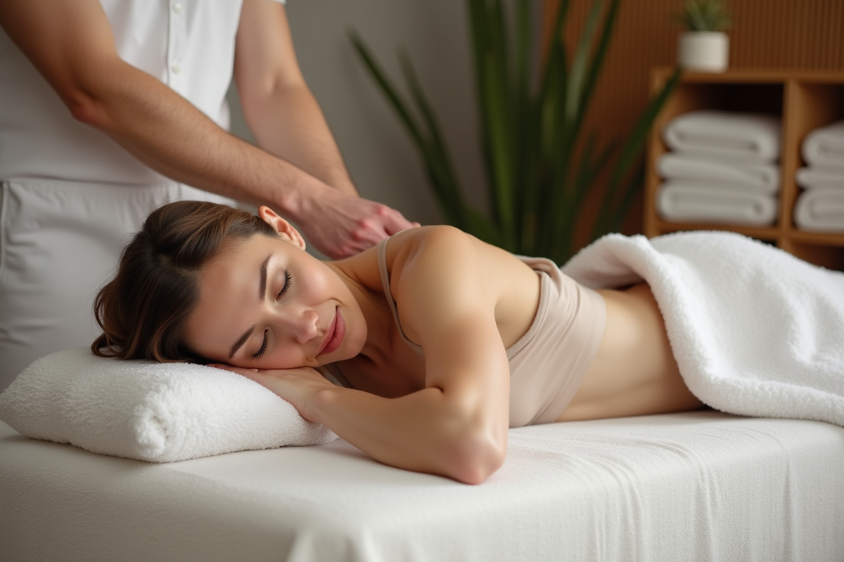 Femme détendue recevant un massage dans un spa cosy
