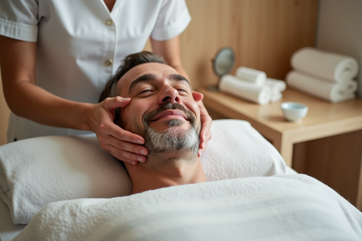 Homme recevant un massage facial dans un spa moderne