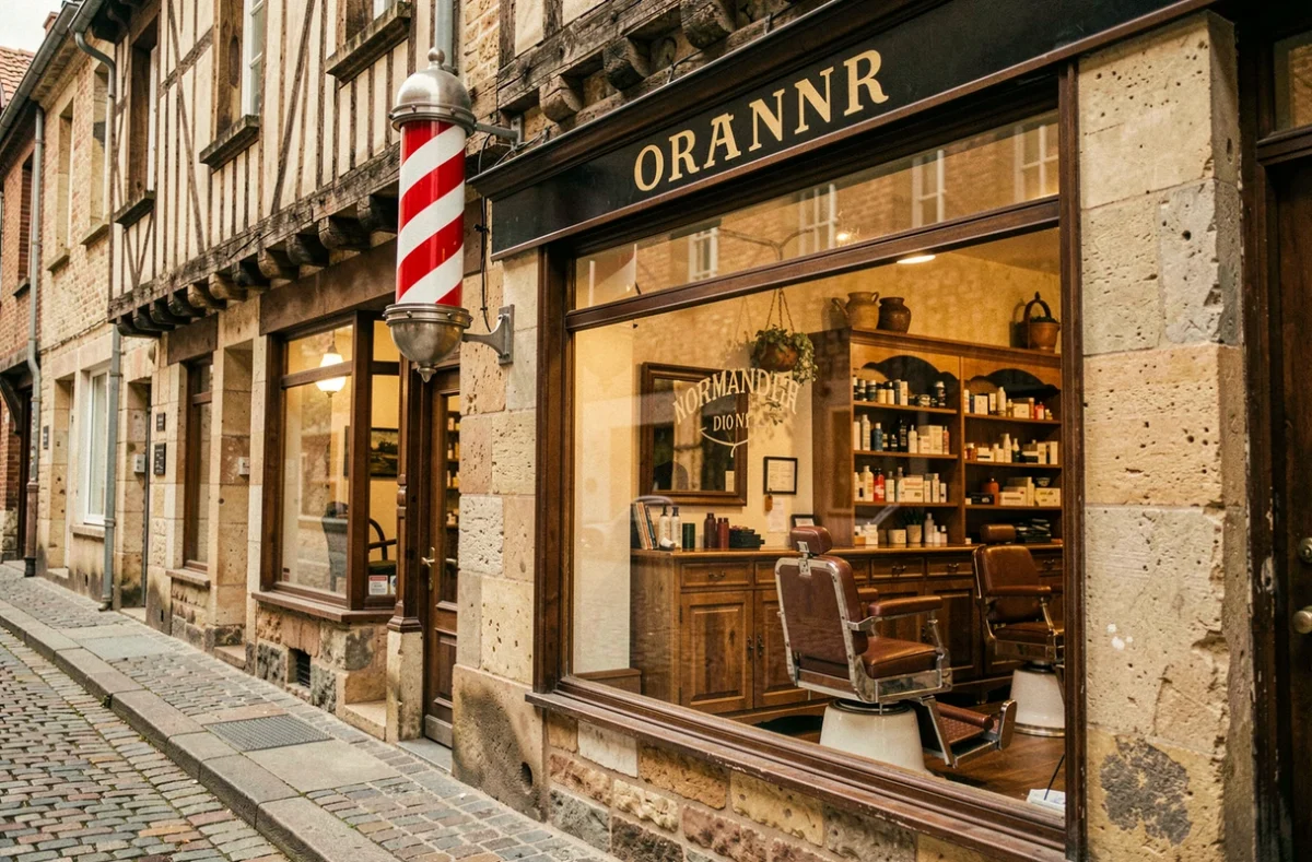 Vue d'ensemble d'un salon de barbier traditionnel en Normandie avec façade en colombages et enseigne vintage