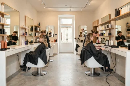 Intérieur d'un salon de coiffure moderne dans l'Eure avec coiffeurs au travail