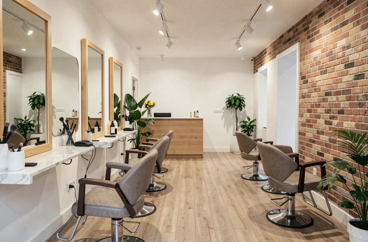 Intérieur d'un salon de coiffure moderne en Meurthe-et-Moselle avec fauteuils de coiffure alignés face aux miroirs